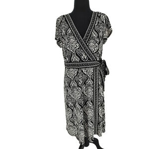 Apt 9 Black White Geometric Faux Wrap Dress Size Large Stretch Side Tie Attached